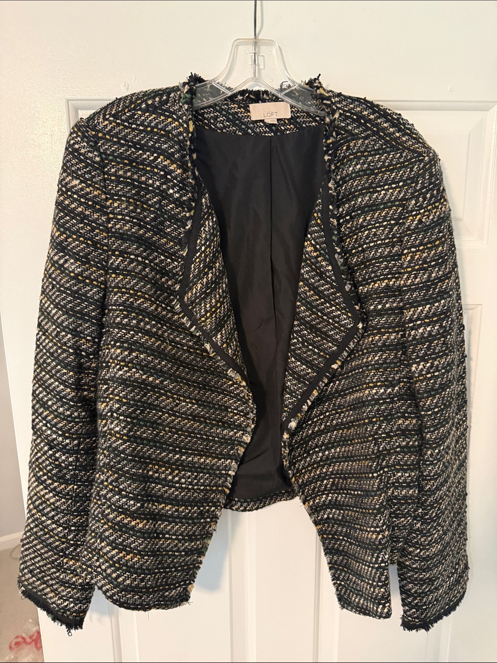 LOFT Black Tweed Open-Front Blazer with Gold & Cream Threading